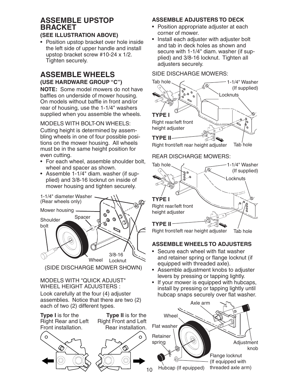 Assemble upstop bracket, Assemble wheels | Poulan 193747 User Manual | Page 10 / 24