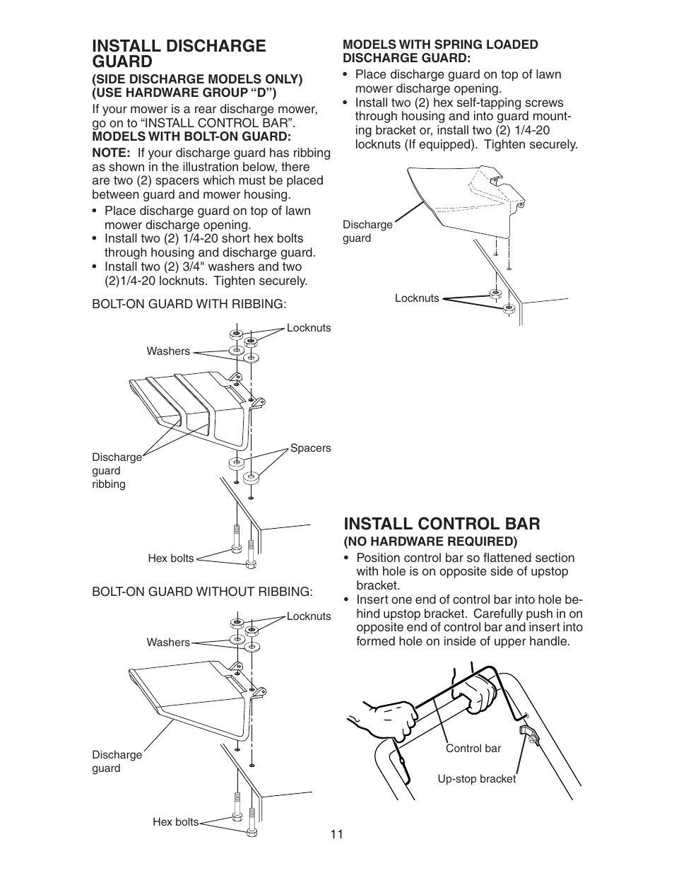 Install discharge guard, Install control bar | Poulan 193747 User Manual | Page 11 / 24