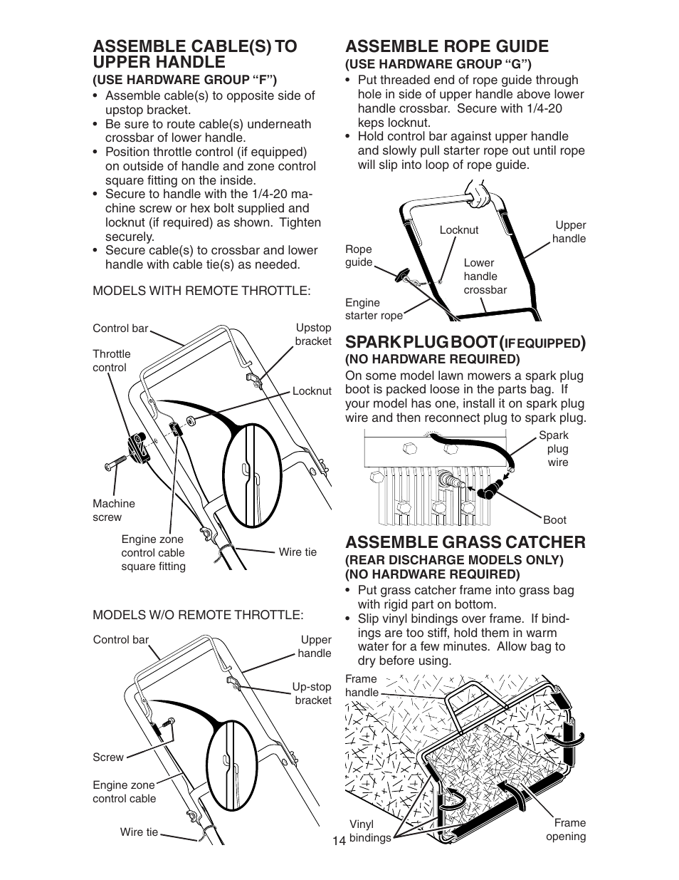 Assemble cable(s) to upper handle, Assemble rope guide, Spark plug boot | Assemble grass catcher | Poulan 193747 User Manual | Page 14 / 24