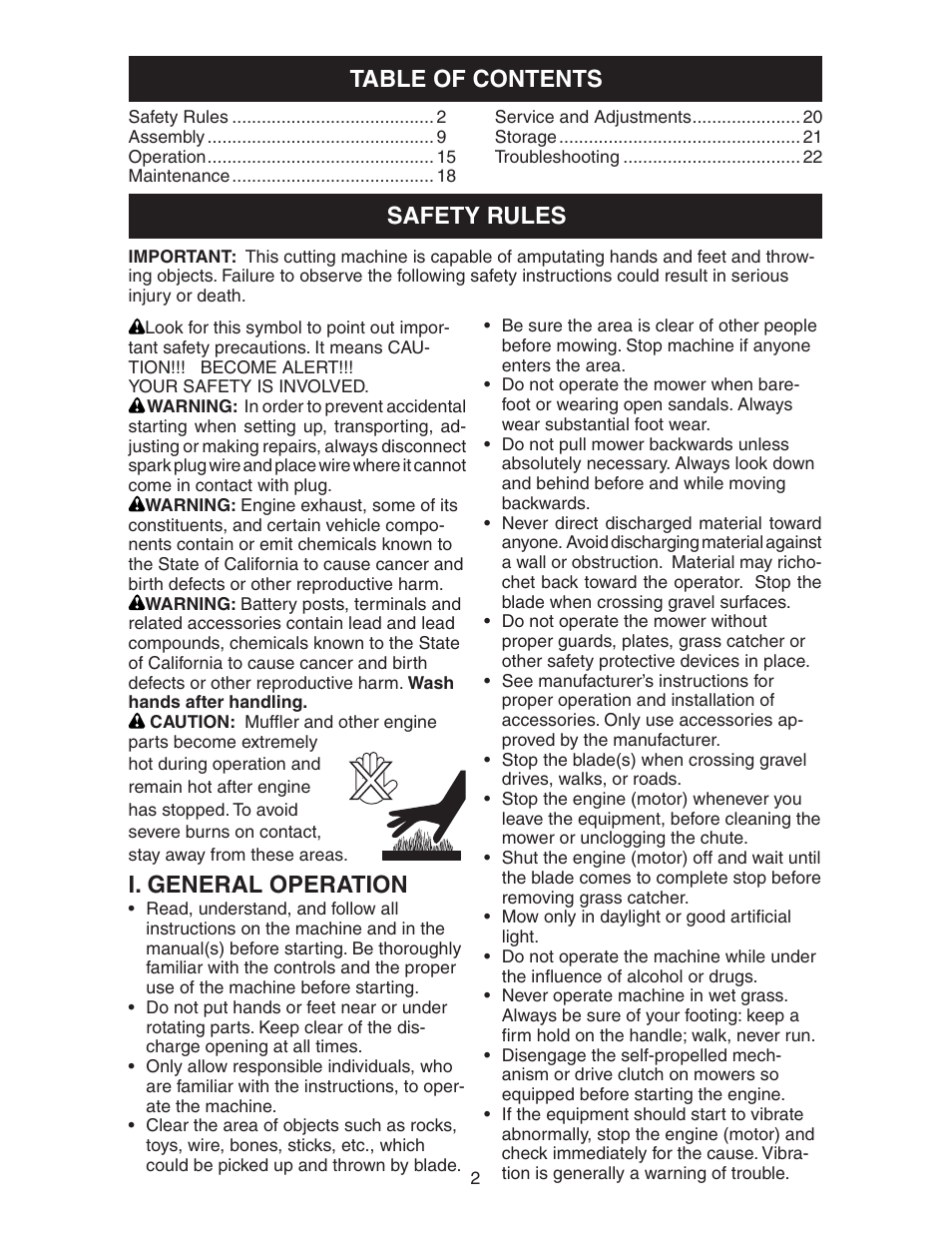 Safety rules table of contents, I. general operation | Poulan 193747 User Manual | Page 2 / 24