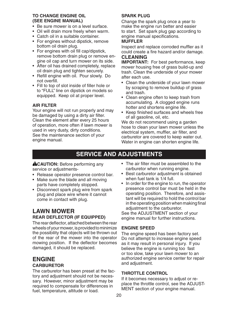 Service and adjustments, Lawn mower, Engine | Poulan 193747 User Manual | Page 20 / 24