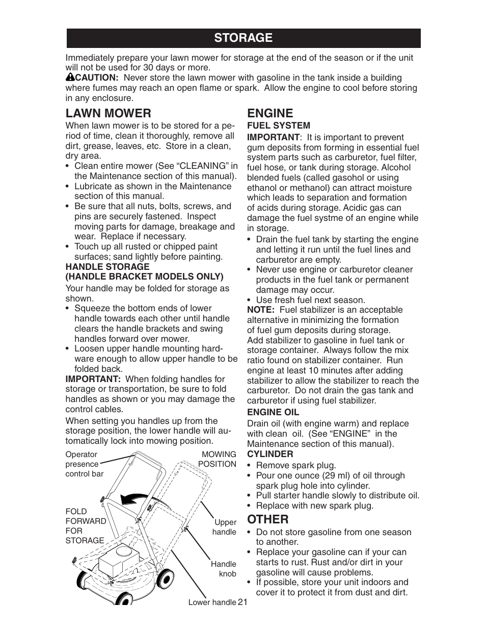 Engine, Other, Storage | Lawn mower | Poulan 193747 User Manual | Page 21 / 24