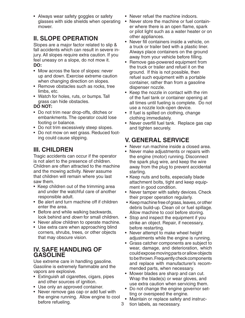 Ii. slope operation, Iii. children, Iv. safe handling of gasoline | V. general service | Poulan 193747 User Manual | Page 3 / 24