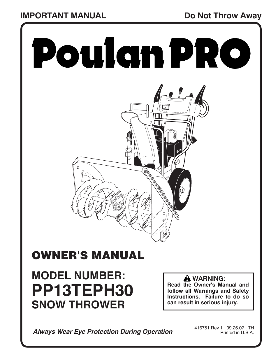 Poulan Pro PP13TEPH30 SNOW THROWER User Manual | 32 pages