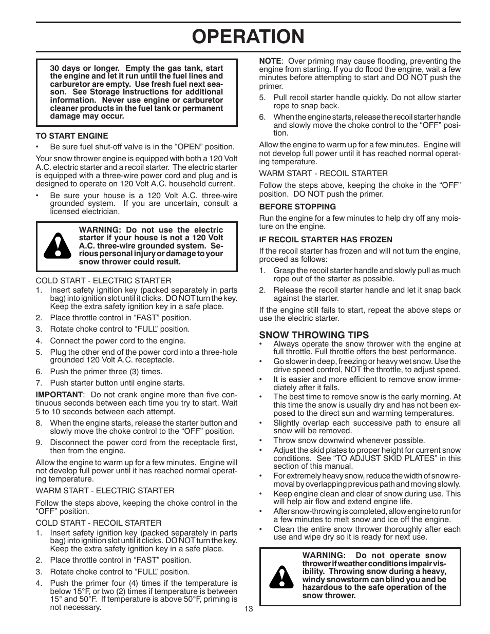 Operation | Poulan Pro PP13TEPH30 SNOW THROWER User Manual | Page 13 / 32