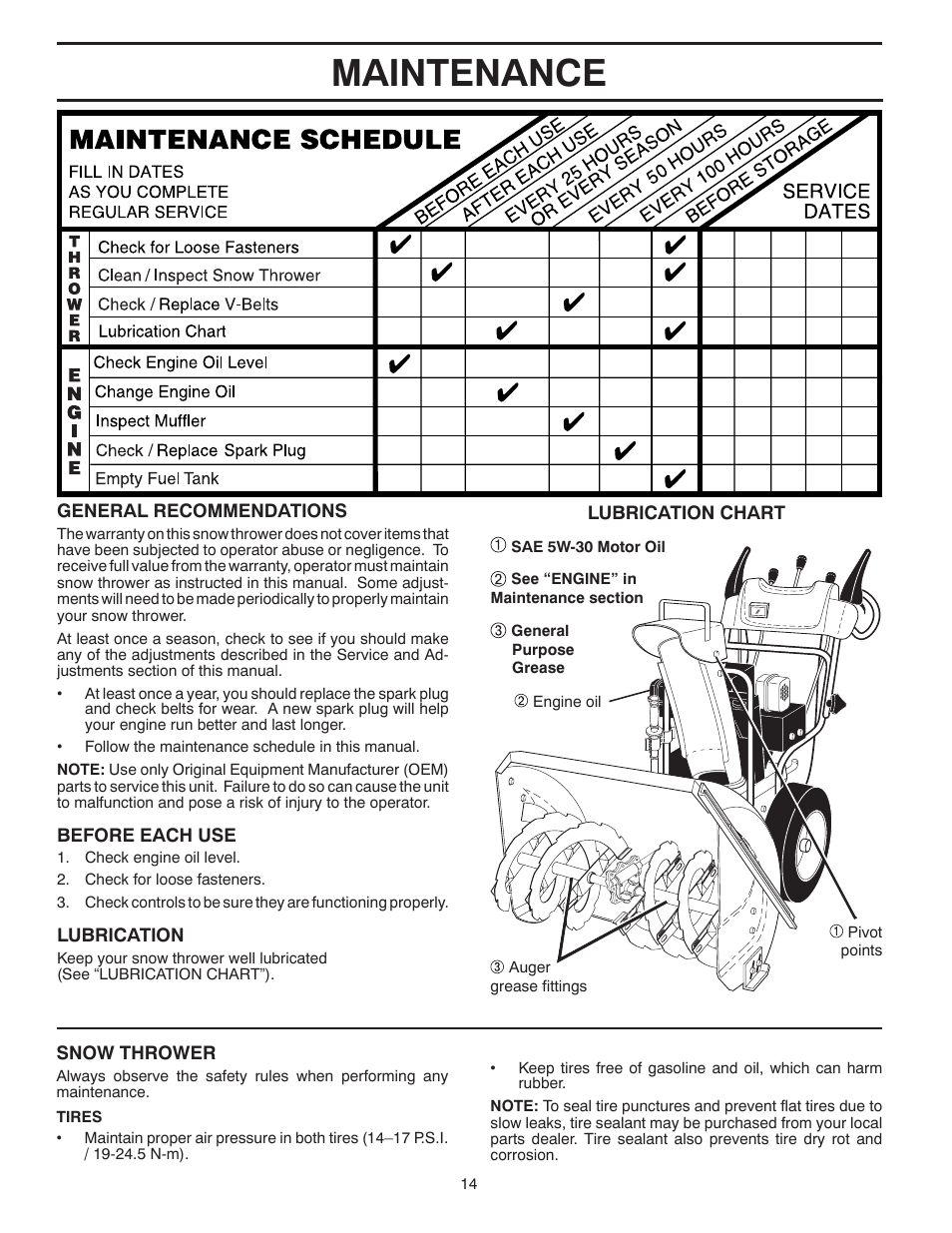 Maintenance | Poulan Pro PP13TEPH30 SNOW THROWER User Manual | Page 14 / 32