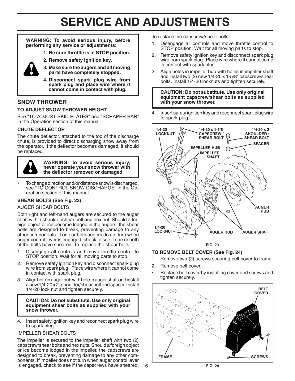 Service and adjustments, Snow thrower | Poulan Pro PP13TEPH30 SNOW THROWER User Manual | Page 16 / 32