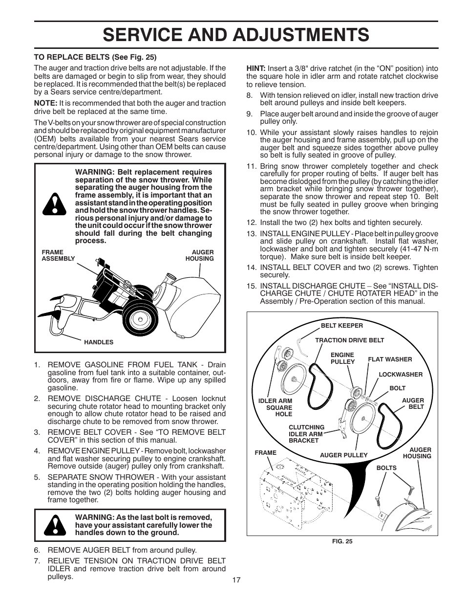 Service and adjustments | Poulan Pro PP13TEPH30 SNOW THROWER User Manual | Page 17 / 32