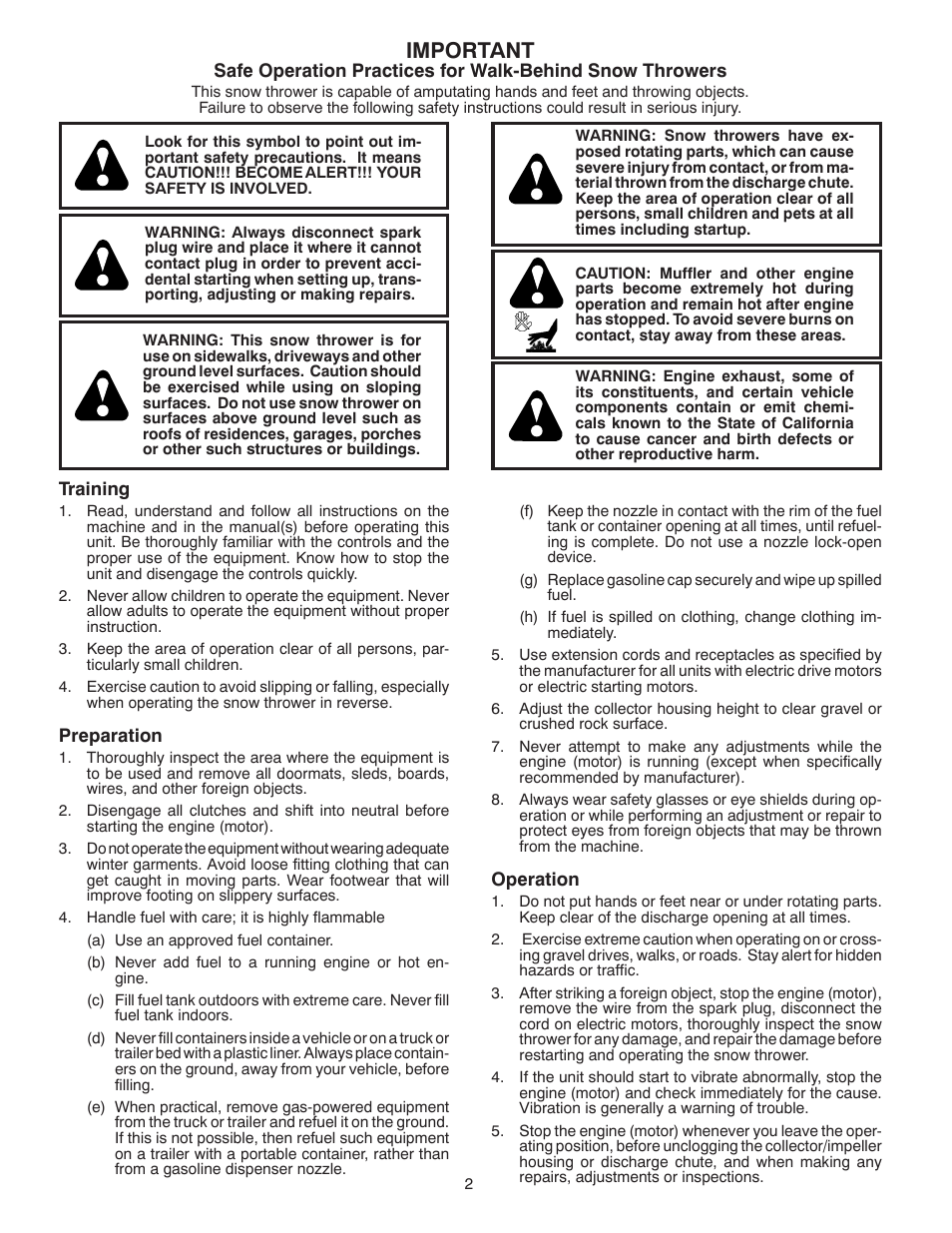 Important | Poulan Pro PP13TEPH30 SNOW THROWER User Manual | Page 2 / 32