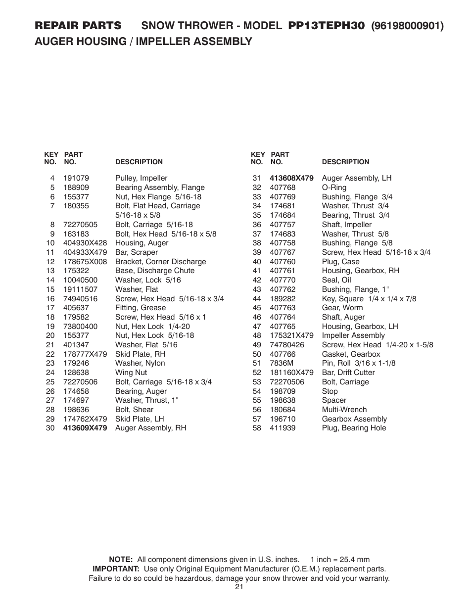 Poulan Pro PP13TEPH30 SNOW THROWER User Manual | Page 21 / 32