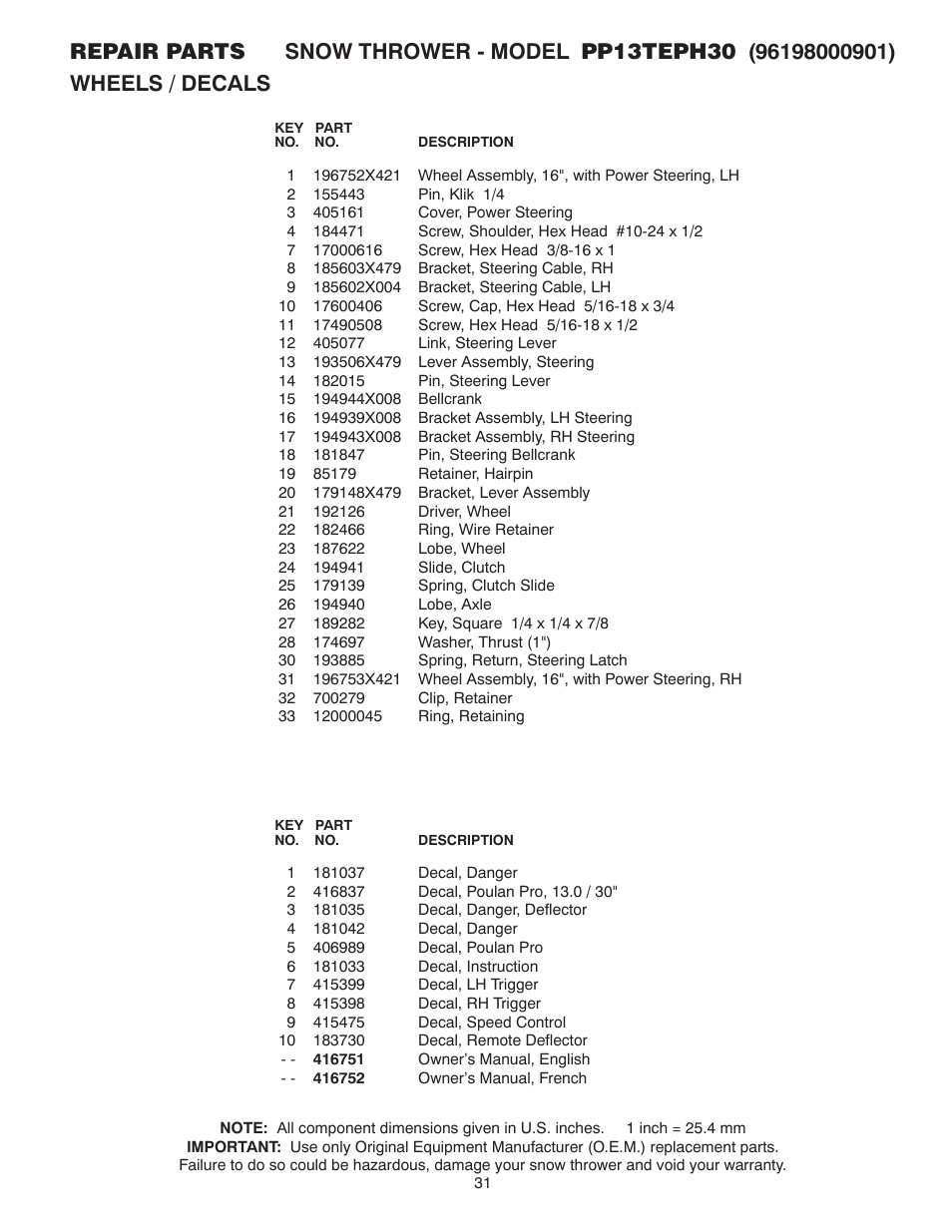 Poulan Pro PP13TEPH30 SNOW THROWER User Manual | Page 31 / 32