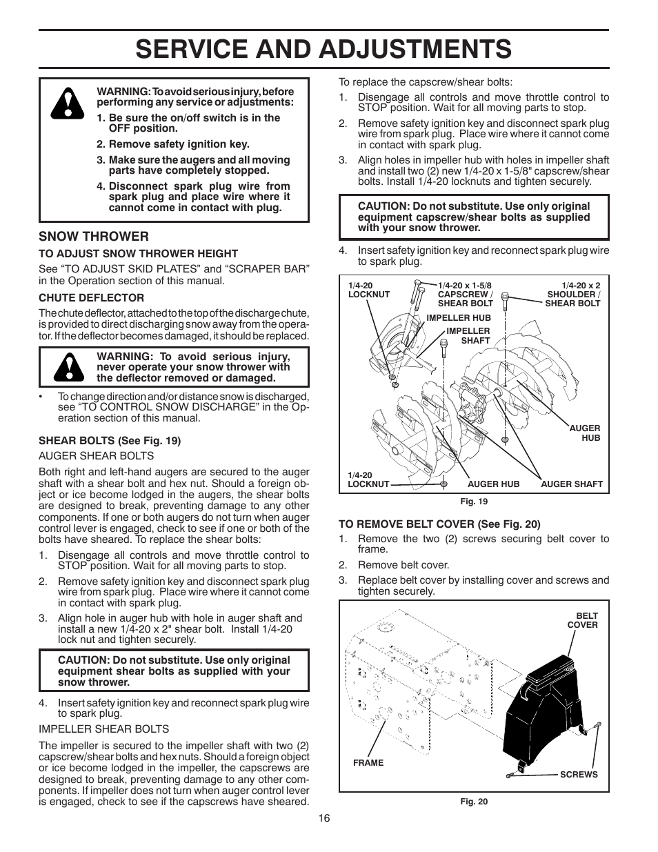 Service and adjustments, Snow thrower | Poulan 437390 User Manual | Page 16 / 40