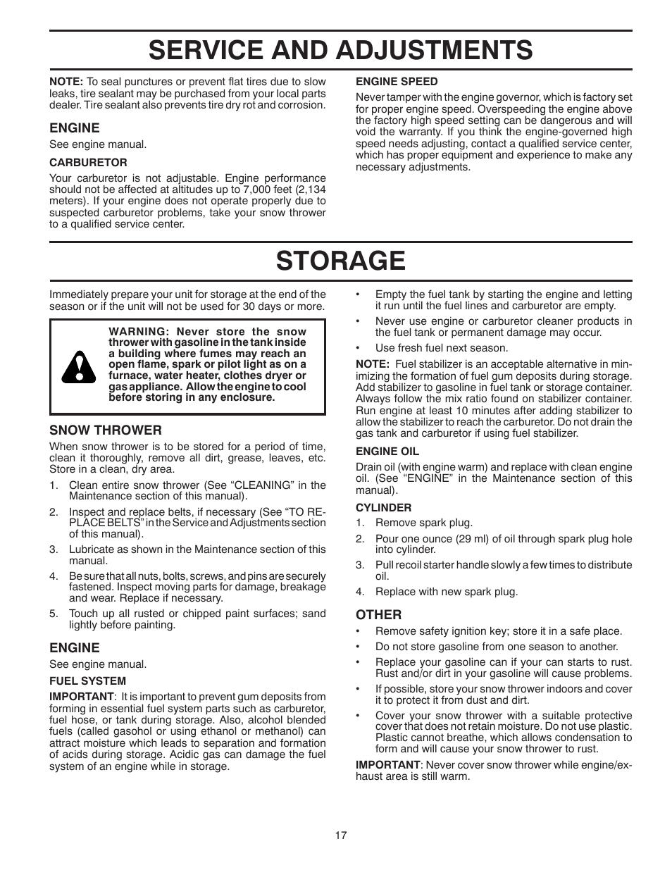 Service and adjustments storage | Poulan 416810 User Manual | Page 17 / 32