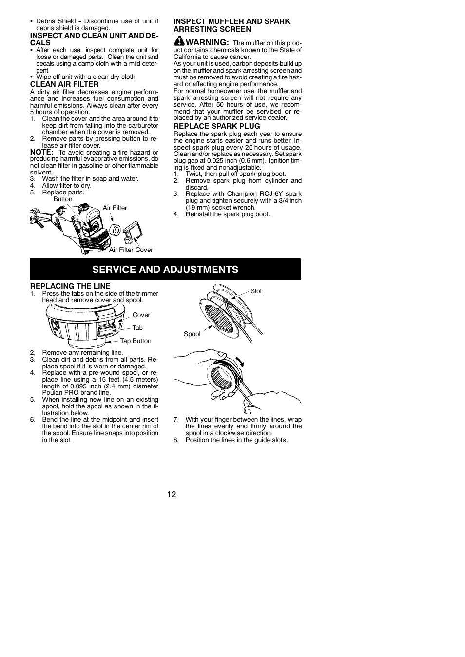 Service and adjustments, Warning | Poulan PP136E User Manual | Page 12 / 17