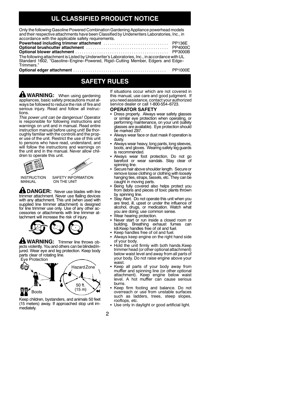 Ul classified product notice, Safety rules, Warning | Danger | Poulan PP136E User Manual | Page 2 / 17