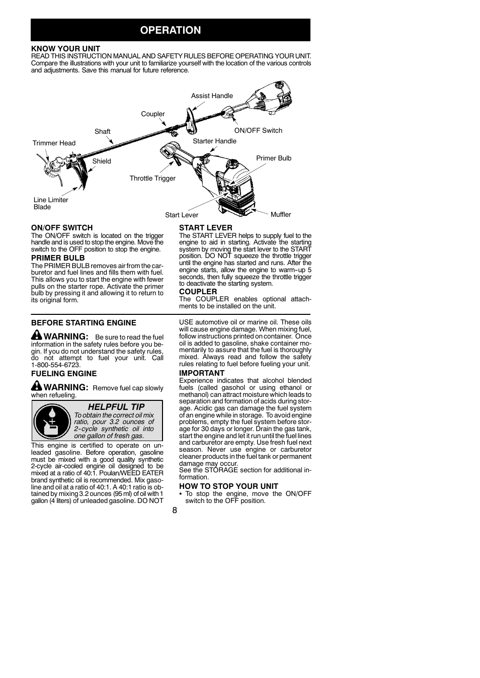 Operation, Warning, Helpful tip | Poulan PP136E User Manual | Page 8 / 17