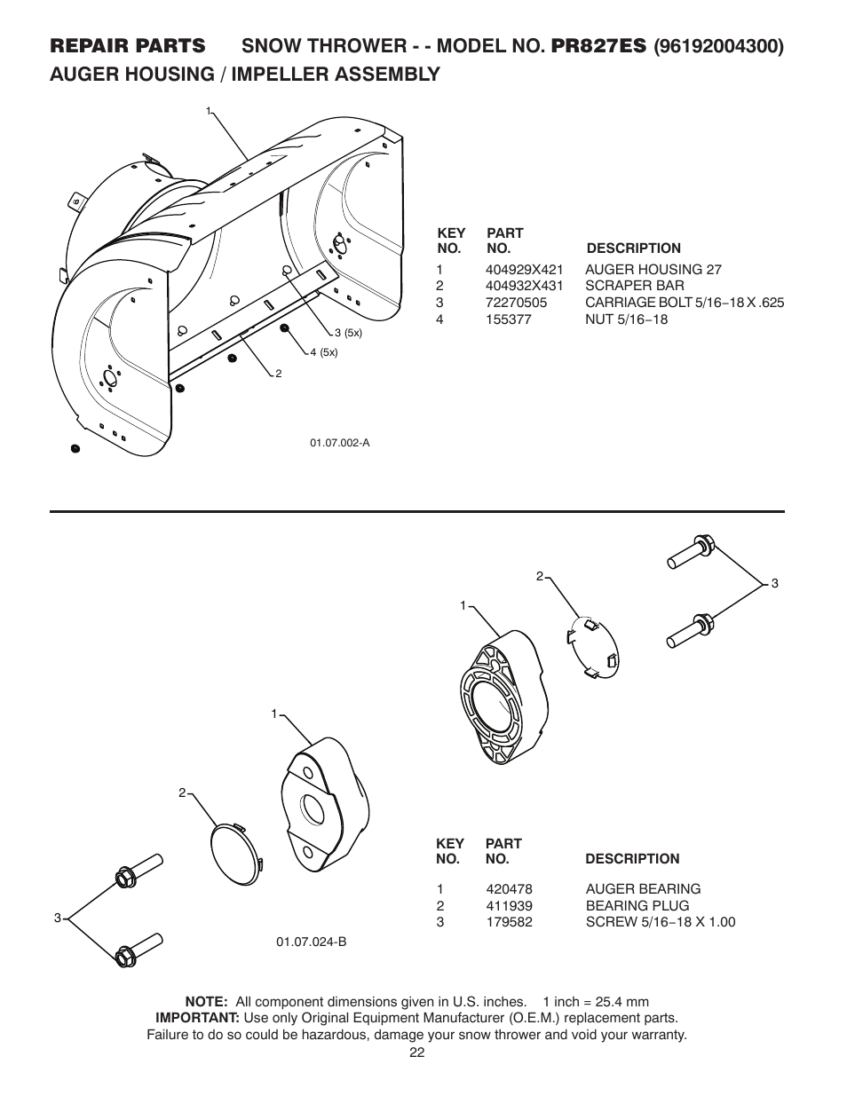 Repair parts, Auger housing / impeller assembly | Poulan 96192004300 User Manual | Page 22 / 44