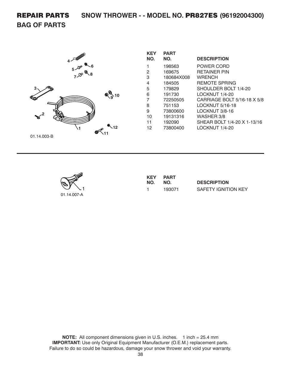 Bag of parts | Poulan 96192004300 User Manual | Page 38 / 44