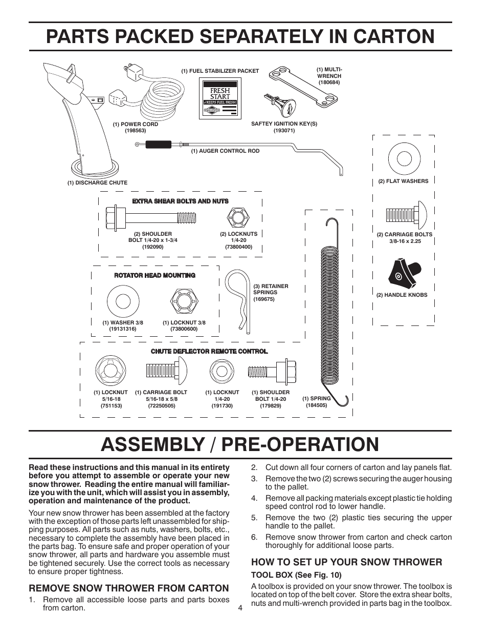 Assembly, Parts packed separately in carton, Assembly / pre-operation | Remove snow thrower from car ton, How to set up your snow thrower | Poulan 96192004300 User Manual | Page 4 / 44