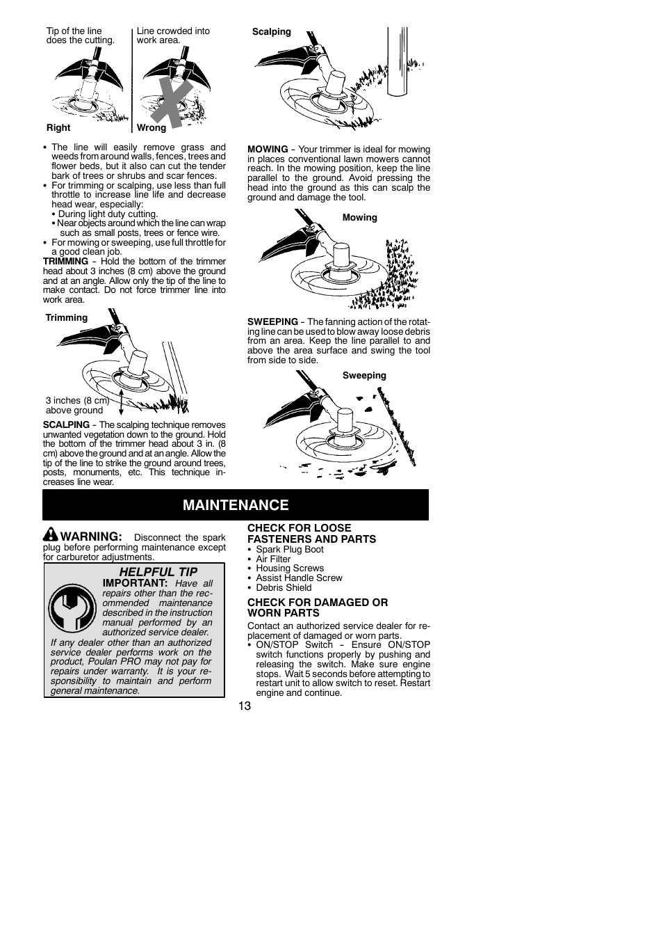 Maintenance, Warning, Helpful tip | Poulan 952711944 User Manual | Page 13 / 18
