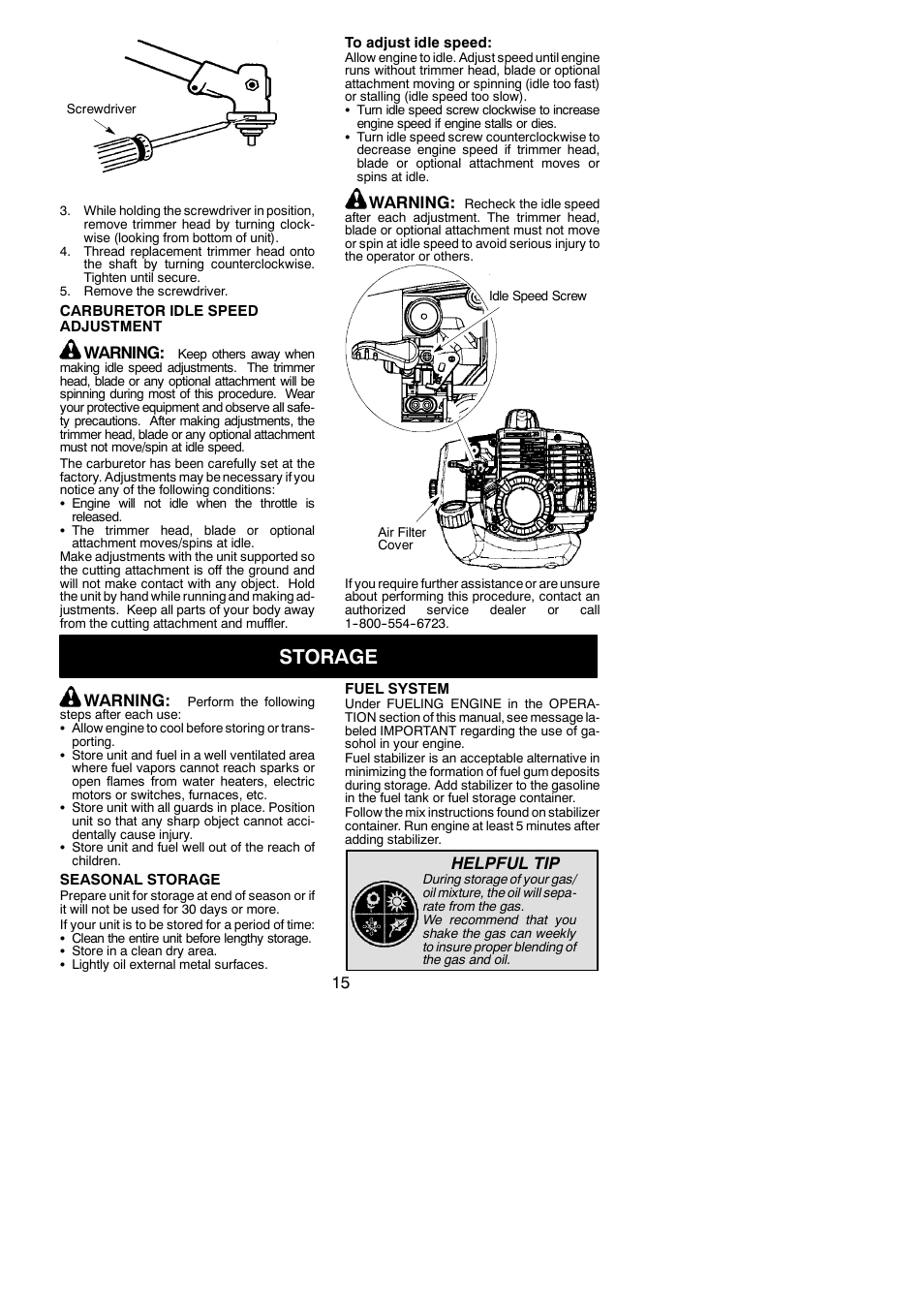 Storage, Warning, Helpful tip | Poulan 952711944 User Manual | Page 15 / 18