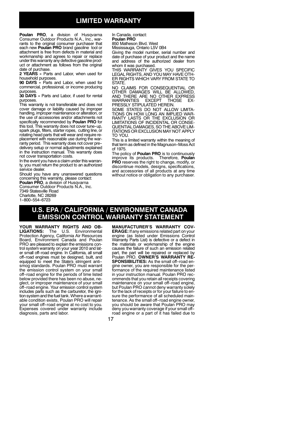 Limited warranty, Emission control warranty statement | Poulan 952711944 User Manual | Page 17 / 18