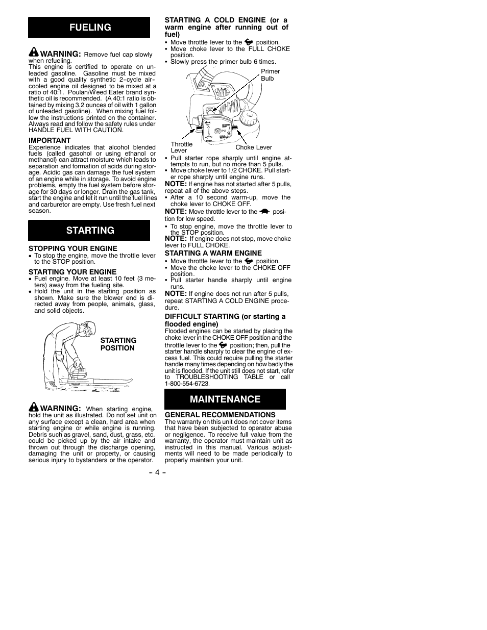 Fueling, Starting, Maintenance | Poulan FL1500 LE User Manual | Page 4 / 7