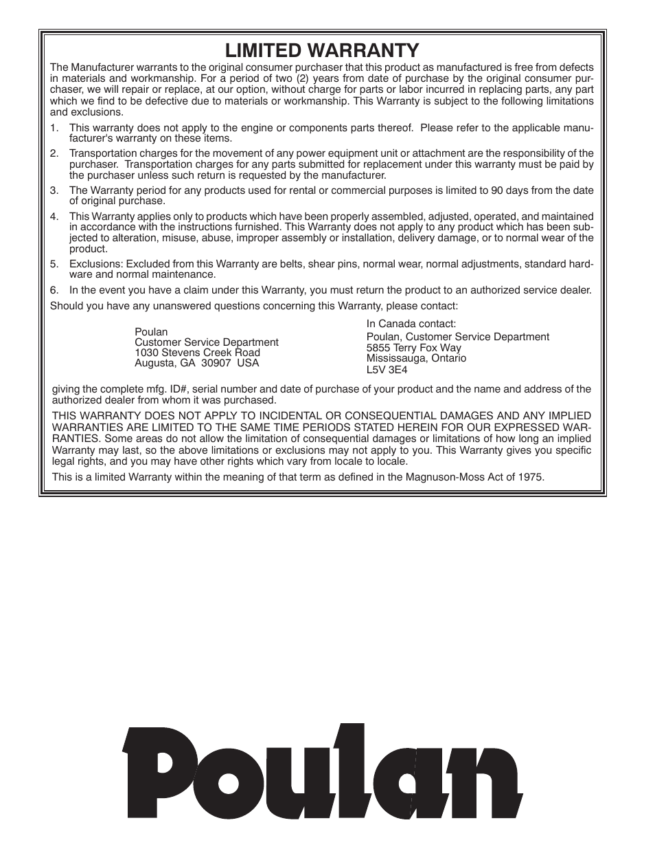 Limited warranty | Poulan 96198001900 User Manual | Page 32 / 32