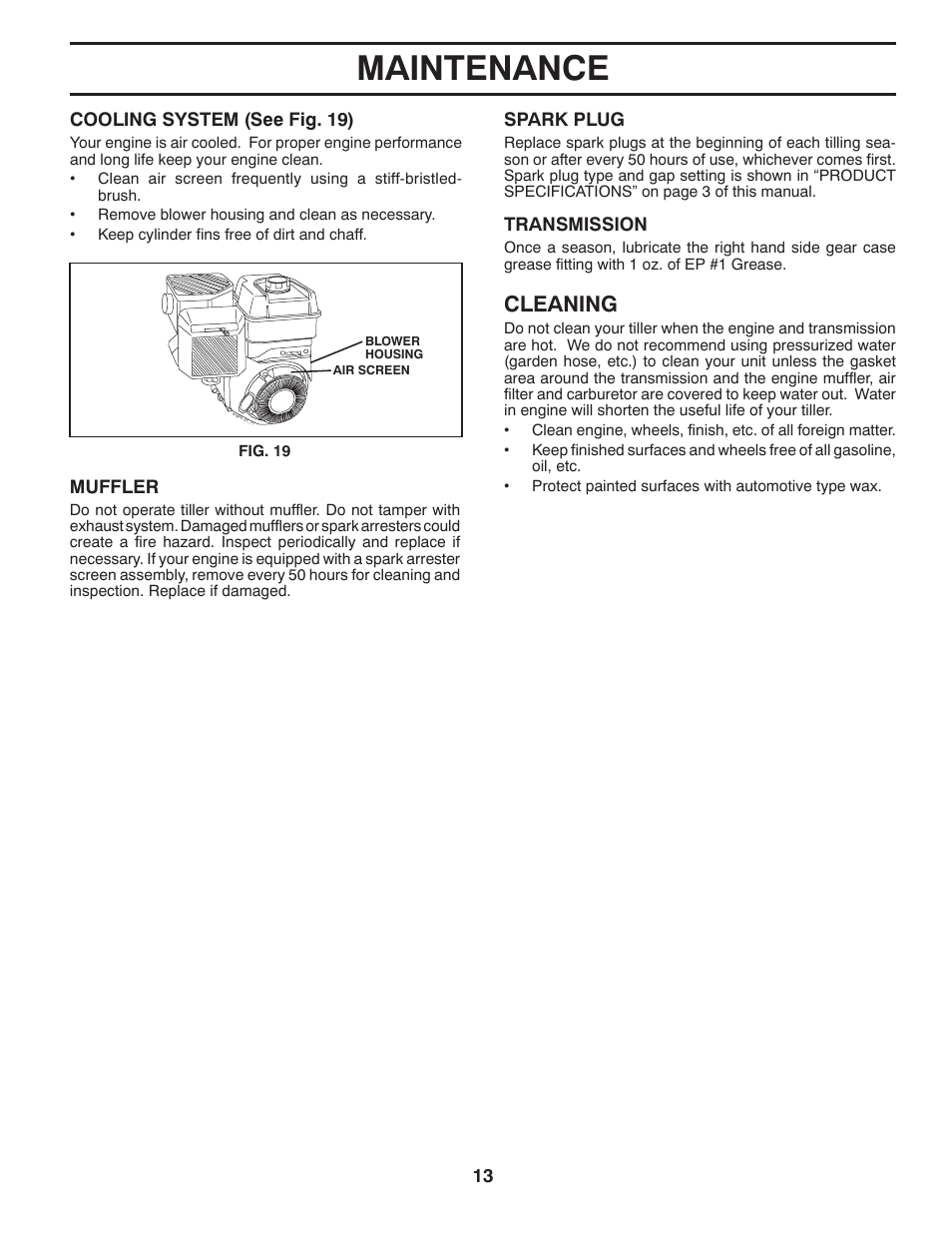 Maintenance, Cleaning | Poulan 417150 User Manual | Page 13 / 22