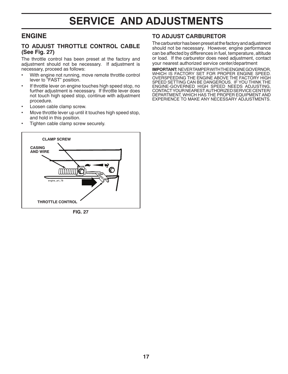 Service and adjustments, Engine | Poulan 417150 User Manual | Page 17 / 22