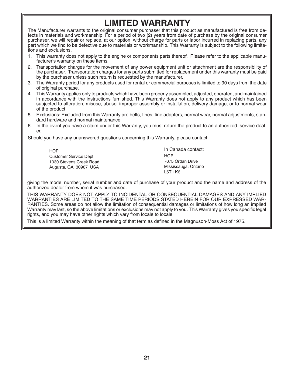 Limited warranty | Poulan 417150 User Manual | Page 21 / 22