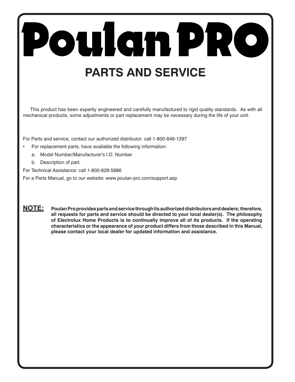 Parts and service | Poulan 417150 User Manual | Page 22 / 22