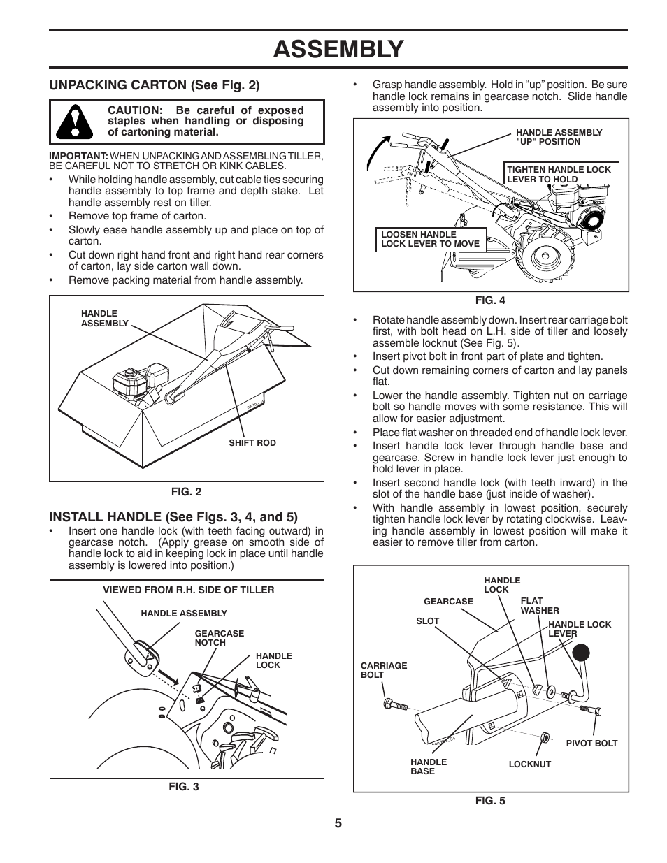 Assembly, Unpacking carton (see fig. 2), Install handle (see figs. 3, 4, and 5) | Poulan 417150 User Manual | Page 5 / 22