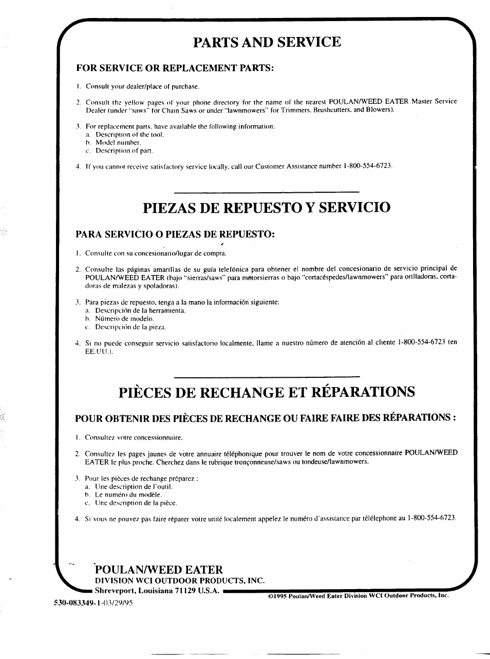 Parts and service, Piezas de repuesto y servicio, Pieces de rechange et reparations | Poulan 210 User Manual | Page 21 / 21