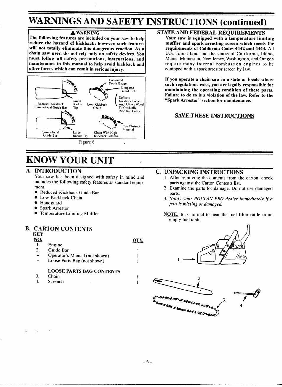 Warnings and safety instructions (continued), Know your unit | Poulan 210 User Manual | Page 6 / 21