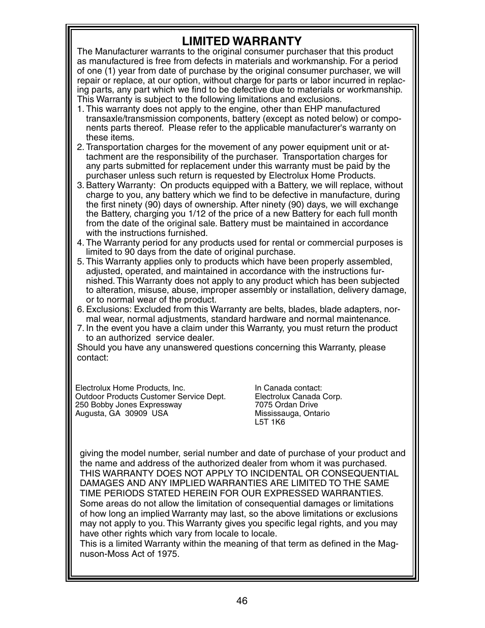 Limited warranty | Poulan 2002-11 User Manual | Page 46 / 48