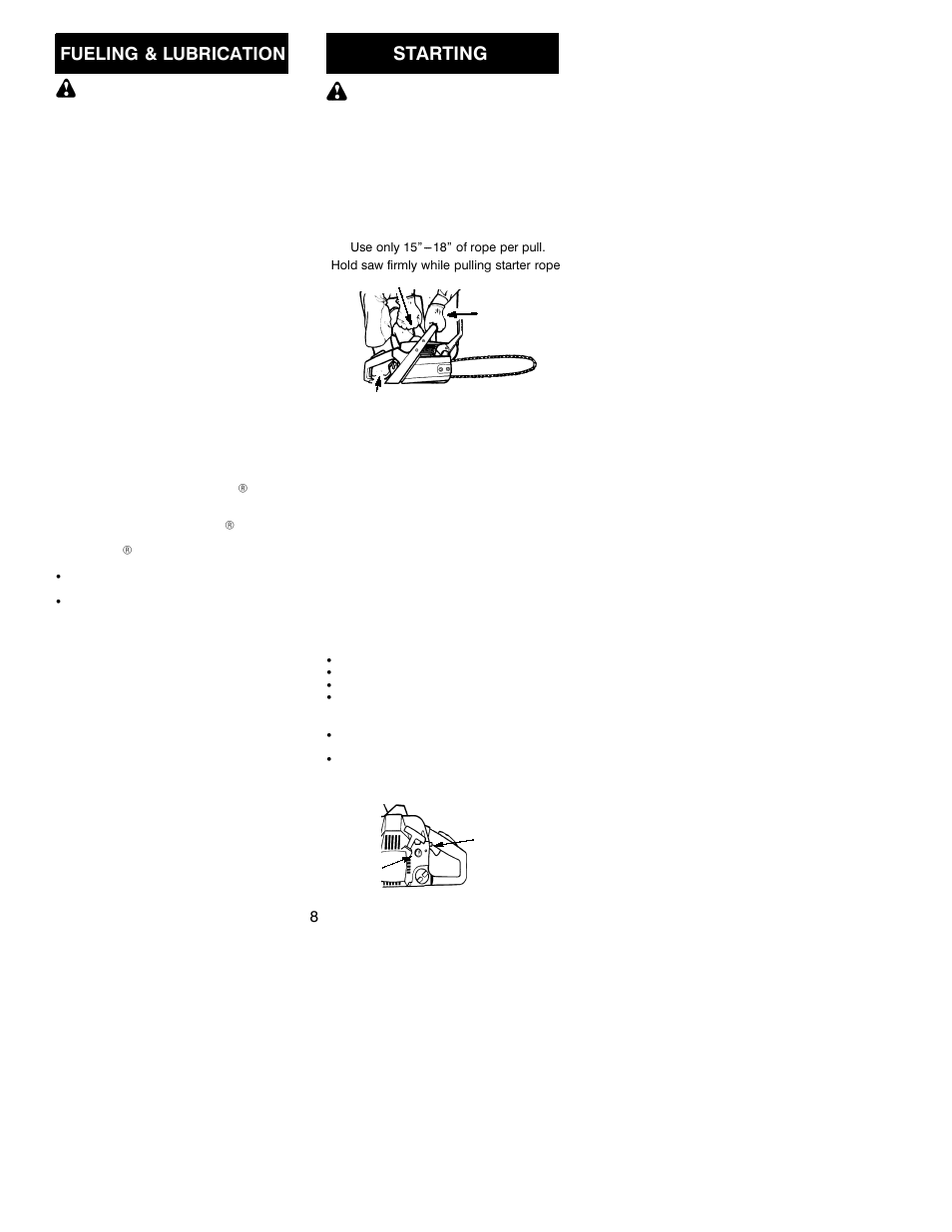 Starting, Fueling & lubrication | Poulan 220 LE User Manual | Page 8 / 16