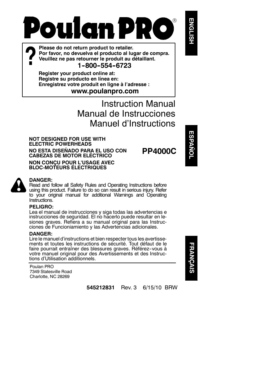 Poulan Pro PP4000C User Manual | 10 pages