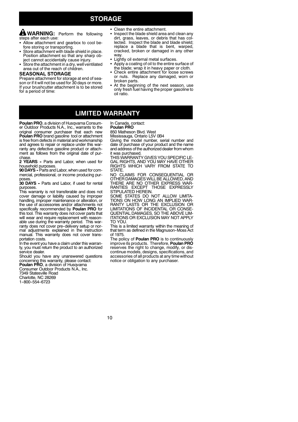 Storage, Limited warranty, Warning | Poulan Pro PP4000C User Manual | Page 10 / 10