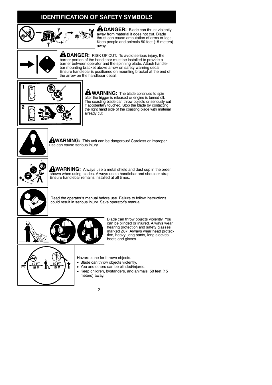 Identification of safety symbols, Warning, Danger | Poulan Pro PP4000C User Manual | Page 2 / 10