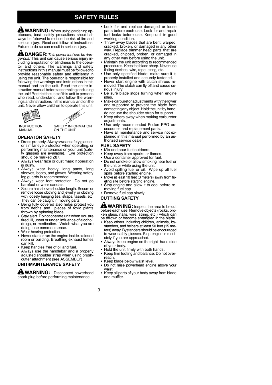 Safety rules, Warning, Danger | Poulan Pro PP4000C User Manual | Page 3 / 10