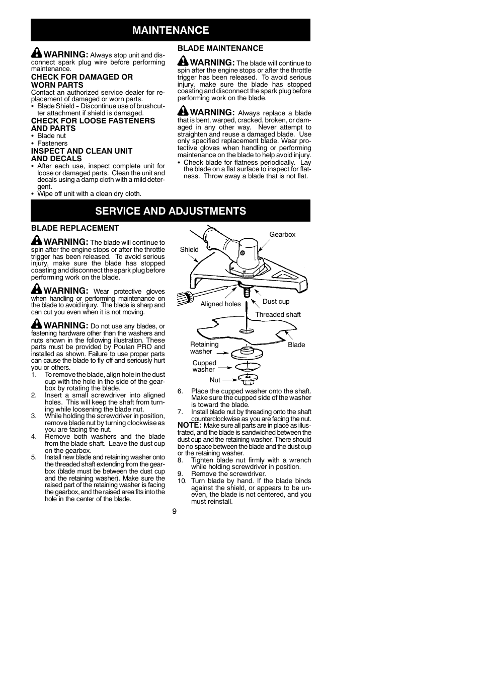 Maintenance, Service and adjustments, Warning | Poulan Pro PP4000C User Manual | Page 9 / 10