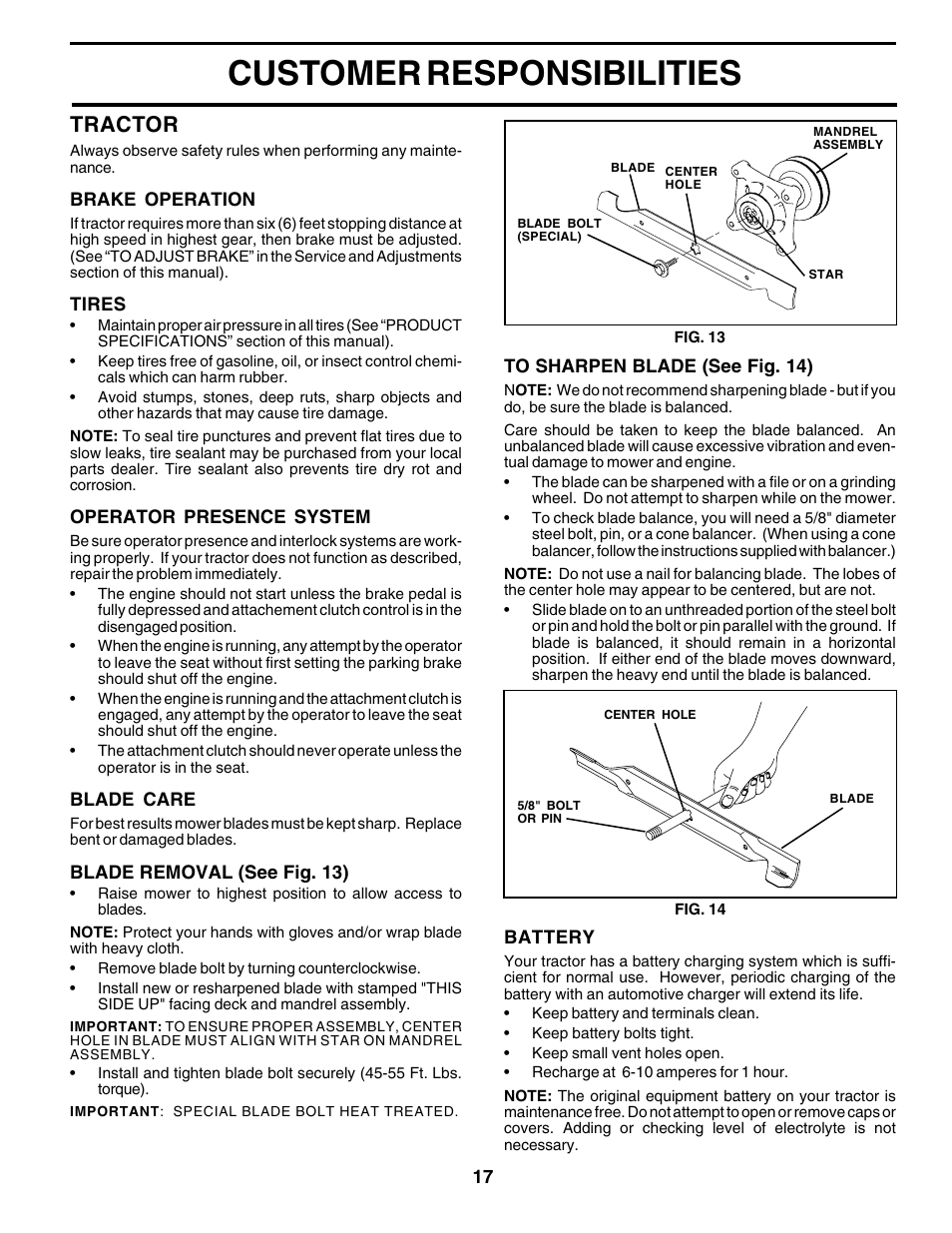 Customer responsibilities, Tractor | Poulan 179075 User Manual | Page 17 / 48