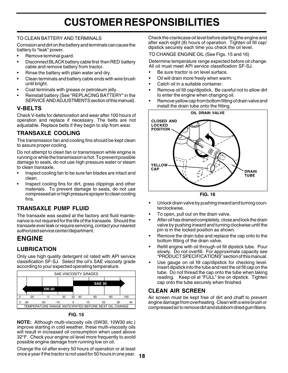 Customer responsibilities, Engine, Clean air screen | Transaxle cooling, Transaxle pump fluid, V-belts, Lubrication | Poulan 179075 User Manual | Page 18 / 48