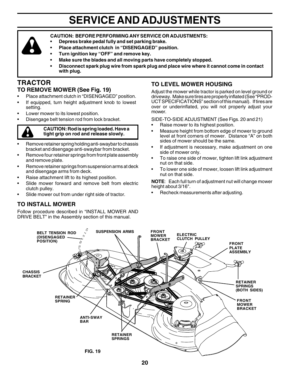 Service and adjustments, Tractor | Poulan 179075 User Manual | Page 20 / 48
