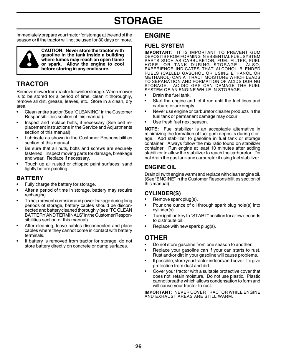 Storage, Tractor, Engine | Other | Poulan 179075 User Manual | Page 26 / 48