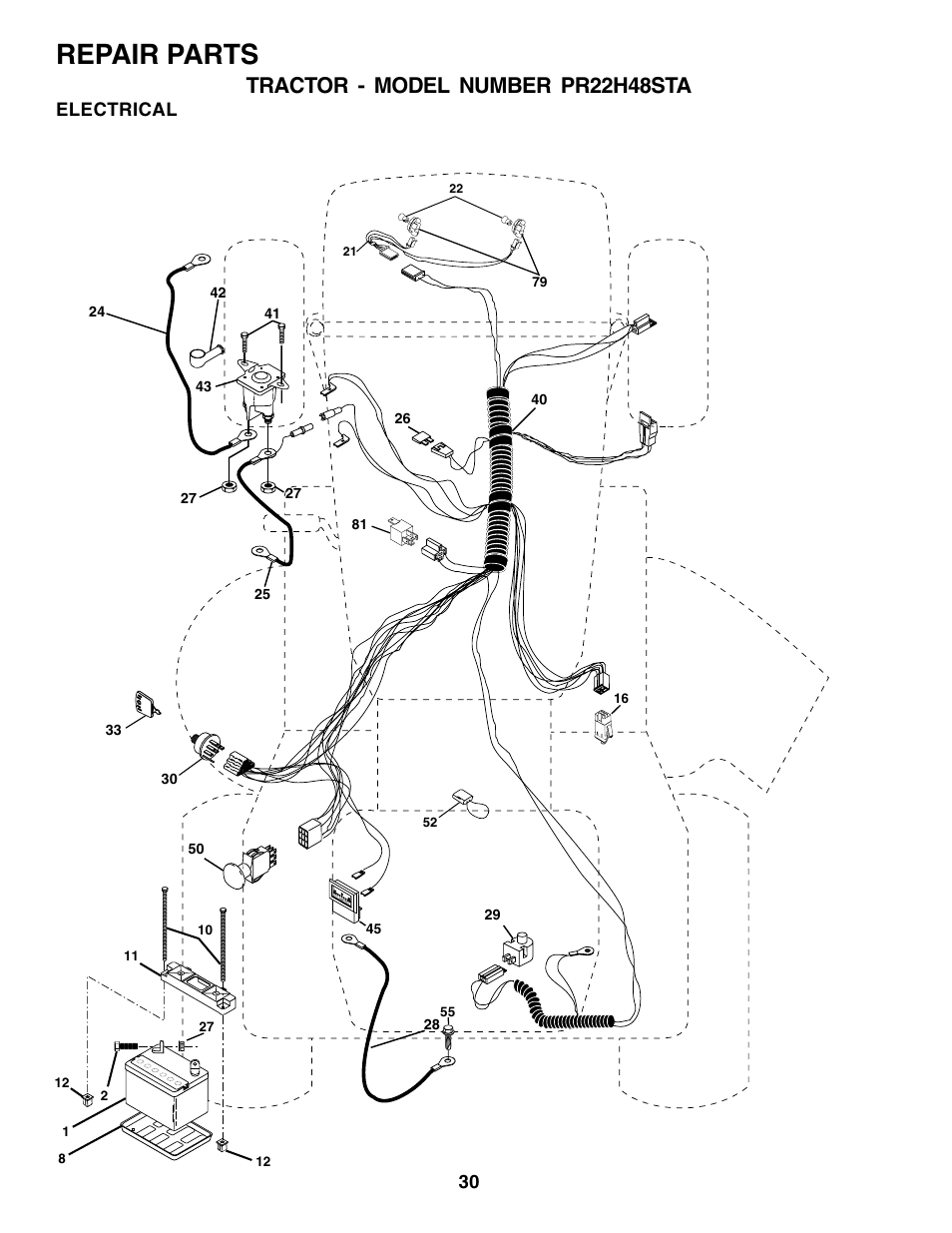 Repair parts, Tractor - model number pr22h48sta, Electrical | Poulan 179075 User Manual | Page 30 / 48