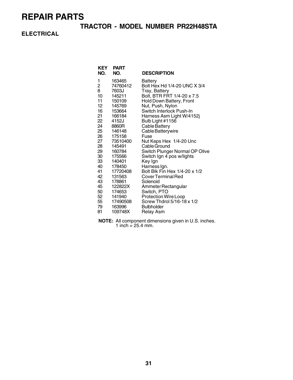 Repair parts, Tractor - model number pr22h48sta | Poulan 179075 User Manual | Page 31 / 48
