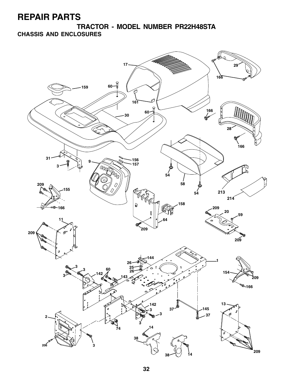 Repair parts, Tractor - model number pr22h48sta, Chassis and enclosures | Poulan 179075 User Manual | Page 32 / 48