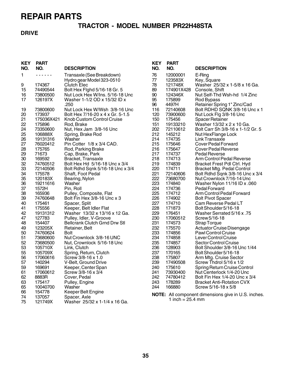 Repair parts, Tractor - model number pr22h48sta | Poulan 179075 User Manual | Page 35 / 48